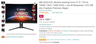Monitor gaming MSI G32C4 E2 de 31.5 pulgadas 170 Hz, 1500R, 1920 x 1080 (FHD), 1 ms de Respuesta por 199€