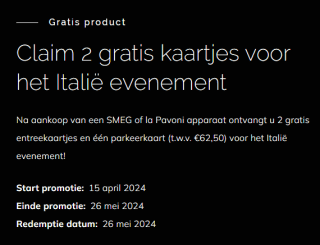 Bij aankoop SMEG of la Pavoni apparaat 2 gratis kaartjes voor het Italië evenement