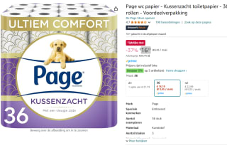 Page toiletpapier - 36 rollen - Kussenzacht wc papier (3-laags) - voordeelverpakking voor €16,19 bij Amazon