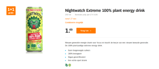 1+1 gratis op Nightwatch Extreme 100% plant energy drink bij de AH