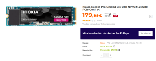 Disco Duro Interno Kioxia Exceria Pro Unidad SSD 2TB NVMe M.2 2280 PCIe Gen4 x4 por 179,99€