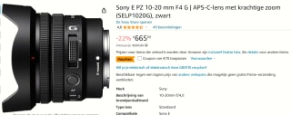 Sony E PZ 10-20 mm F4 G | Super35 / APS-C ultragroothoeklens voor €595 bij Amazon