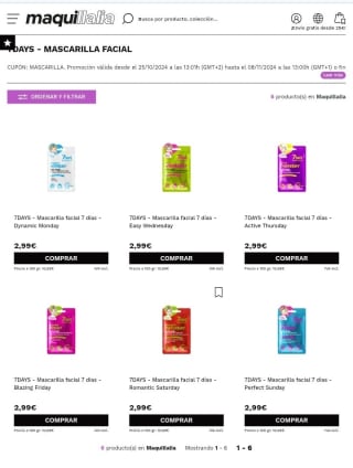 -50% en la Segunda Unidad Mascarillas faciales 7 Days en Maquillalia.