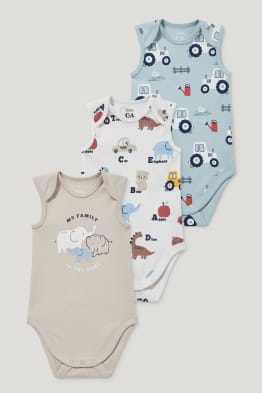 Sets van 3 rompertjes in verschillende dessins voor €6,99 per set in de C&A webshop