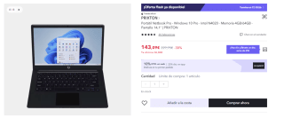 Ordenador Portátil Netbook Pro - Windows 10 Pro - Intel N4020 - Memoria 4GB/64GB - Pantalla 14,1" | PRIXTON por 128.09€