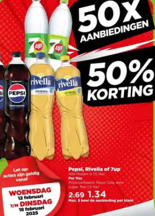 50% korting op alle Pepsi, Rivella of 7up bij de Plus