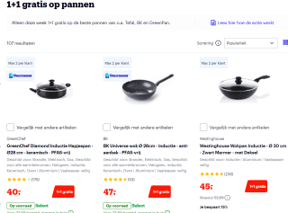 1+1 gratis op pannen van bv BK, Tefal, Brabantia, KitchenAid, GreenPan, GreenChef en meer bij Bol.com