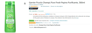 3Botes de Garnier Fructis Champú Pure Fresh Pepino Purificante, 380ml por 7.75€