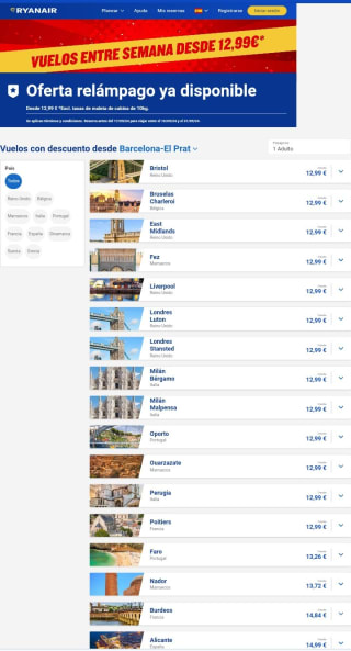 Vuelos entre semana desde 12,99€ en Ryanair.