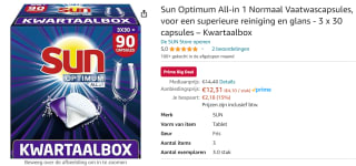 Sun vaatwastabletten KWARTAALBOX 90 stuks voor €12,31 bij Amazon.nl