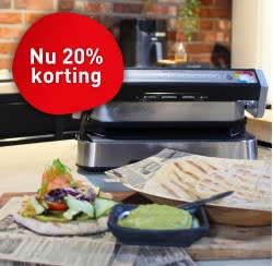20% korting op diverse producten + gratis burgerpers bij Tefal