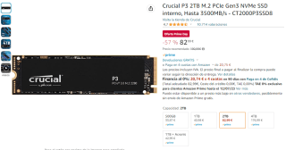 Disco duro Crucial P3 2TB M.2 PCIe Gen3 NVMe por 82,99€ y el de 4TB por 176,99€