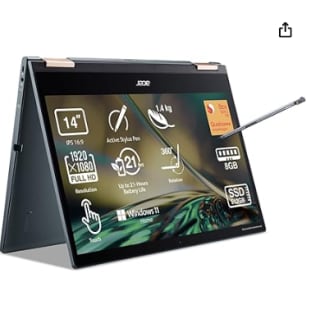Acer Spin 7 SP714-61NA-S79F - Ordenador Portátil Convertible 14" FullHD (Qualcomm Kryo 495, 8GB RAM, 512GB SSD, Qualcomm Adreno 685, Windows 11 Home)por 699€