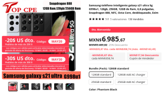 Samsung Galaxy S21 Ultra 5G 128GB a $6,986 en AliExpress