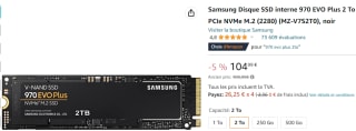 Disque SSD interne M.2 NVMe Samsung 970 EVO Plus à 104,99€