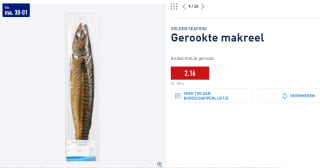 Gerookte makreel ca 300 gram voor €2,16 bij de Aldi