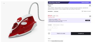 Plancha TESLA IR200R (2200 W, chorro de 90 g/min, tecnología de suela de cerámica, capacidad del depósito de agua de 300 ml, antical, antigoteo, botón de pulverización) por 15.29€ (Cuenta Nueva 9.17€)