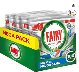 Fairy Platinum Plus All in One, Pastillas Lavavajillas, 100 Cápsulas (5 x 20), Deja los Platos como Nuevos, Aporta Brillo y Elimina la Cal por 21.99€
