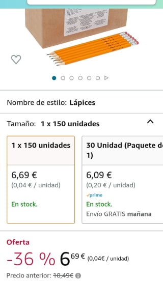 Amazon Basics Lápices n.º 2 HB de madera, afilados, Pack de 150 por 6,69€.