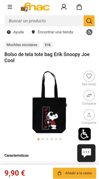 Bolsa de tela tote bag Snoopy Joe Cool de Erik por 9,90€.