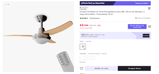 Ventilador de Techo con Mando a Distancia y Luz EnergySilence Aero 480. 65 W, 106 cm de Diámetro, 3 Aspas Reversibles, 3 Velocidades, Acabado en Madera Nogal/Haya por 53.99€