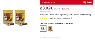 X2 Café Soluble Al Ginseng Ginseng Coffee Deluxe - 20 Stick de 20g por 23,92€