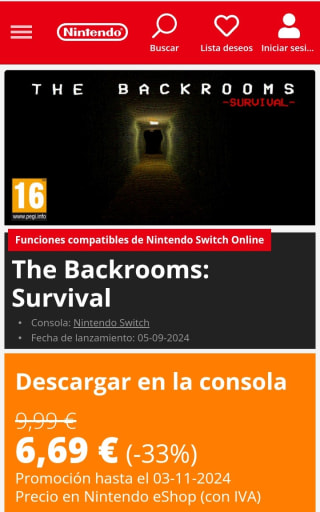 The Backrooms: Survival Nintendo Switch por 6,69€.