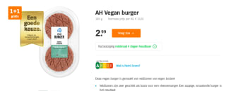 AH Vegan burger 180 g 1+1 gratis bij de AH