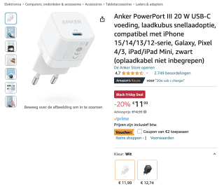 Anker PowerPort III 20 W USB-C voeding voor 9,99 euro met de coupon