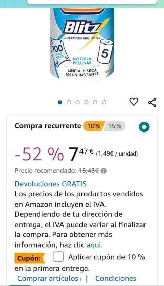 Pack de 5 Máximo Rollos Papel cocina Regina por 6,64€.