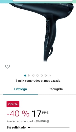 Remington Secador de Pelo Pro-Air, Iónico, 2200 W por 17,99€.