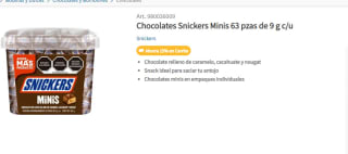 Chocolates Snickers Minis 63 pzas de 9 g c/u por $152