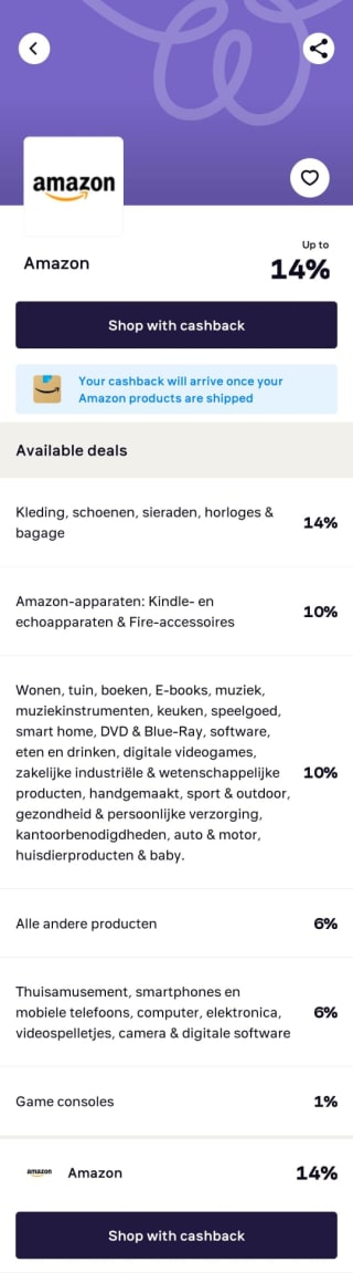 Tot 14% cashback op je bestelling bij Amazon