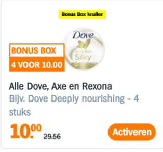 Alle Axe, Dove en Rexona 4 voor €10 via de Albert Heijn Bonusbox