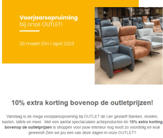 10% extra korting bovenop de outletprijzen bij de Bommel Meubelen de Lier