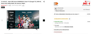 TV LED 50" Haier K85 Series H50K85EUX, Smart TV (Google TV), HDR 4K por 247€