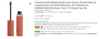 3 L'Oréal Paris Pintalabios Líquido, Color Intenso, Fórmula Mate de Larga Duración, Con Ácido Hialurónico, Sin Transferencia, Infaillible Matte Resistance, Tono: 115 Snooze Your Ala por 15.66€
