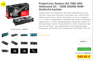 PowerColor HELLHOUND AMD Radeon RX 7900 GRE 16GB Videokaart voor €549,90 bij Proshop