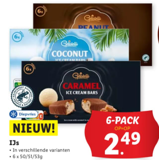 Cocos, peanut of caramel 6-pack ice bar voor €2,49 bij de Lidl