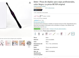 Pinza de depilar para cejas profesionales marca Beter color negro por 2,95€