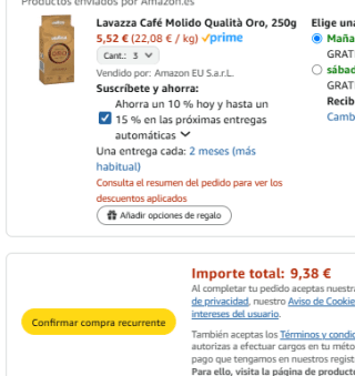 3 packs Cafe molido Lavazza Crema e Gusto por 7,39€ (unidad 2,46€) y Qualita Oro por 9,38€ (unidad 3,12€)
