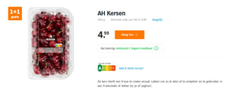 1+1 gratis op kersen (€4,99/kg) bij AH