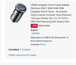 LISEN Cargador Coche Carga Rápida Mechero USB C 36W+USB 30W por 2,62€