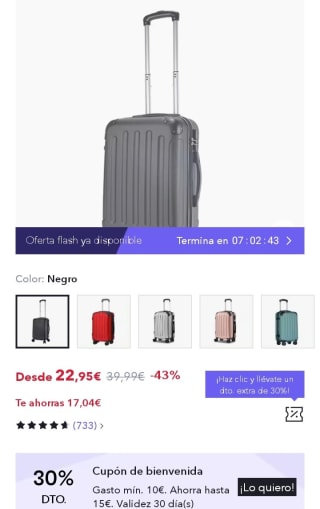 Maleta de Cabina 4 Ruedas Negro Viaje Semirigida por 16,06€.