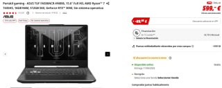 Portátil gaming ASUS TUF FA506NCR-HN006, 15.6" Full HD, AMD Ryzen 7 7435HS, 16GB RAM, 512GB SSD, GeForce RTX 3050 por 509,15€