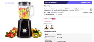 Mellerware Batidora de vaso eléctrica 1500W. Jarra cristal 1,5L, 6 cuchillas por 33,24€