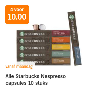 Alle Starbucks Nespresso capsules 10 stuks- 4 stuks voor €10 bij de AH