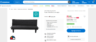 Futón Just Home Collection de 165x75x72 cm por $69.990