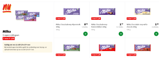 Milka 3 repen à 100 gram voor €2 bij de Jumbo