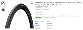 Continental Ultra Sport III 28' 700x28C 28-622 fietsband voor €9,17 bij Amazon